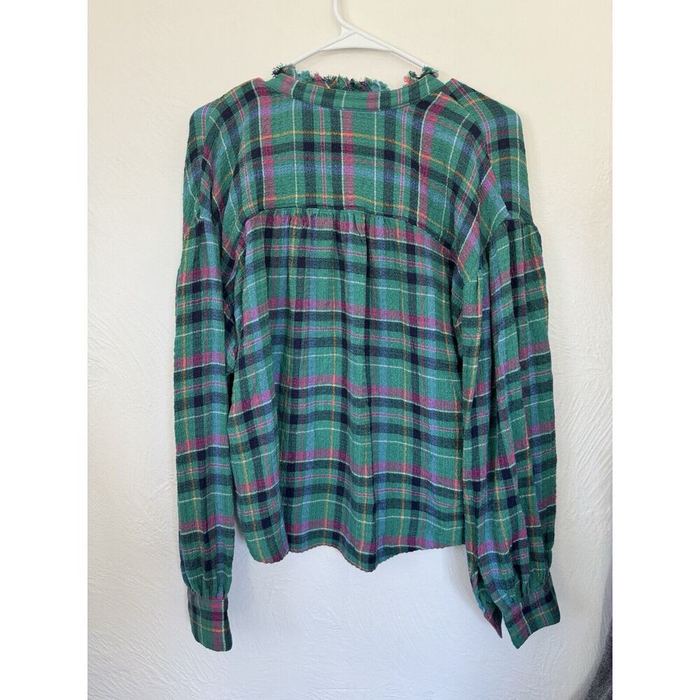 Anthropologie Pilcro Cropped Puff-Sleeve Soft Crinkle Green Plaid Blouse Small - Picture 11 of 13